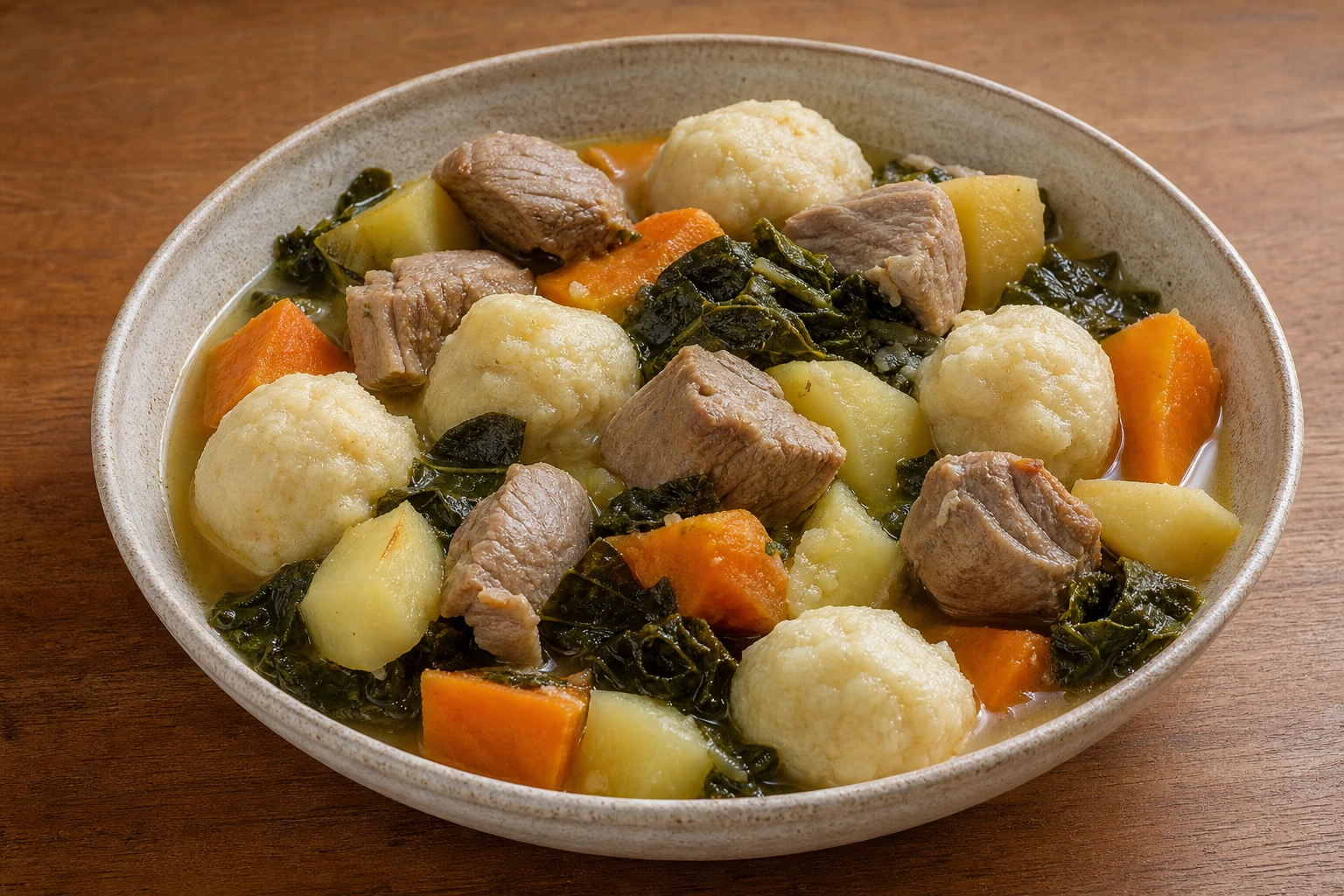 Boil-up z wieprzowiną i doughboys — gotowe danie