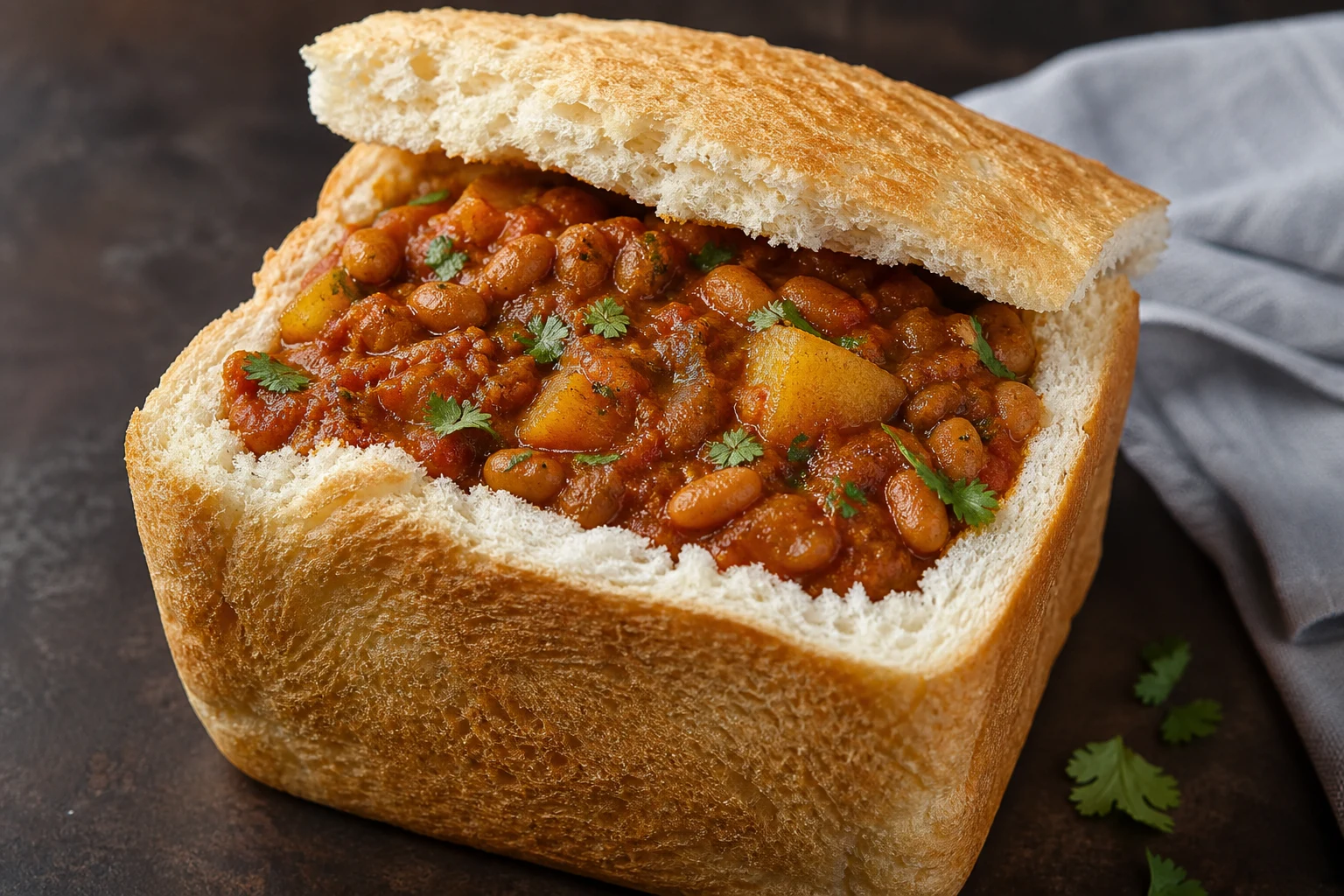 Bunny chow z fasolowym curry — gotowe danie