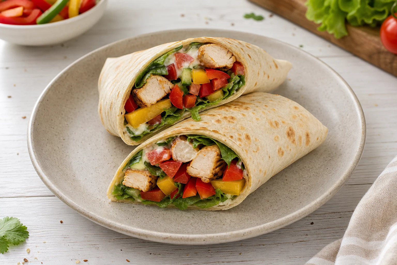 Tortilla z pieczonym kurczakiem i warzywami — gotowe danie